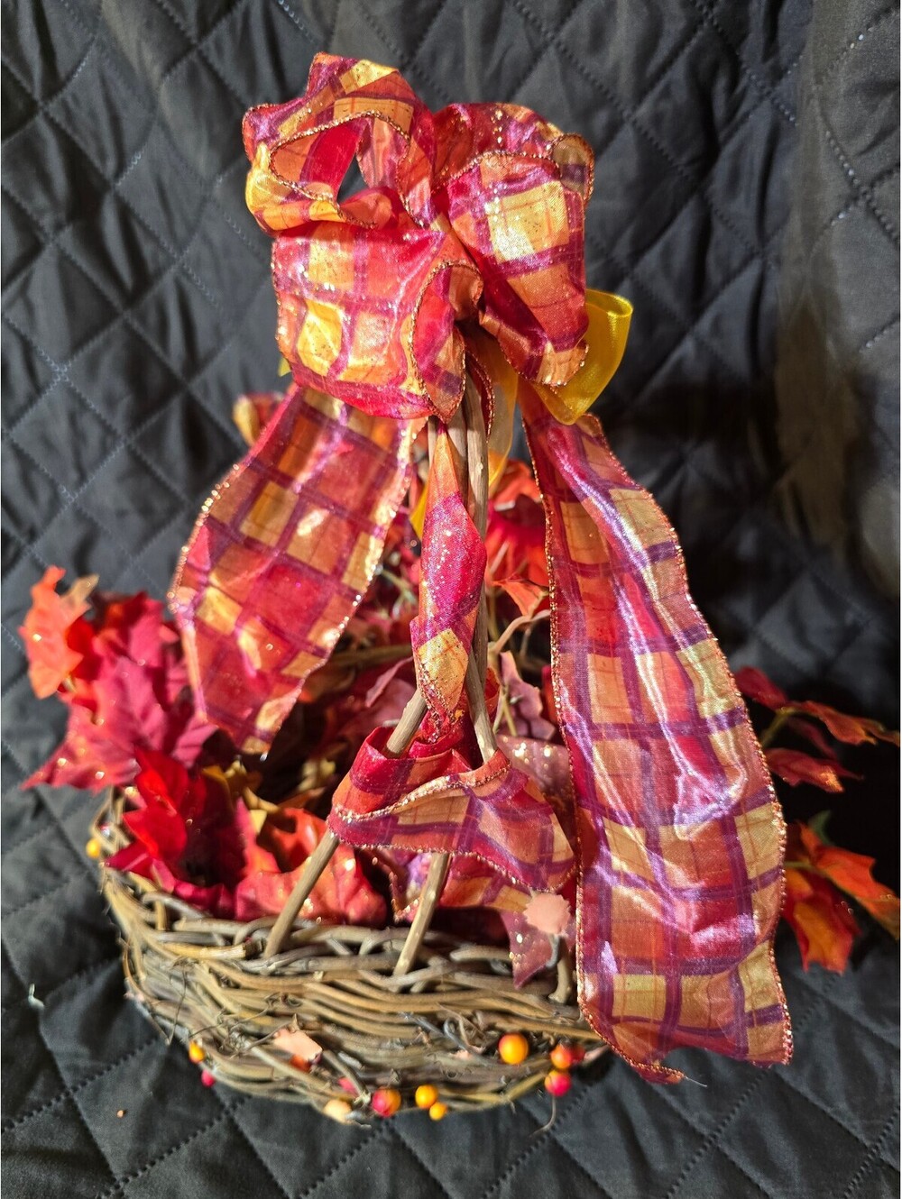 Autumn Harvest Decorative Wicker Basket with Fall Leaves and Plaid Bow